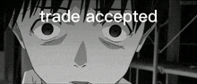a black and white drawing of a boy with the words trade accepted above his head