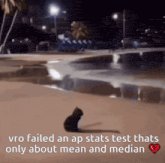 a picture of a cat with the words " vro failed an ap stats test thats only about mean and median " below it