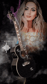 a woman is holding an epiphone guitar in front of a sign that says lifcan