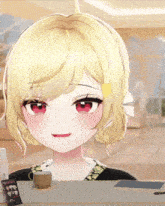 a girl with blonde hair and red eyes is sitting at a table next to a box that says ' strawberry ' on it