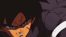 a close up of a cartoon character 's face with a sword in the background