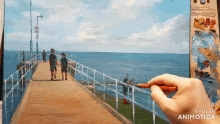 a painting of people walking on a pier is made in animotica