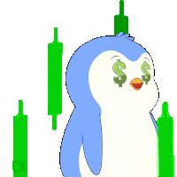 a penguin with a dollar sign in its eyes stands in front of green candlesticks