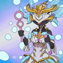 a cartoon drawing of a woman blowing soap bubbles with a pink wand