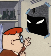 a cartoon character looking at a picture on a wall