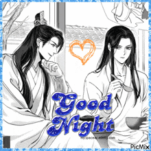 a black and white drawing of two men with long hair and the words good night