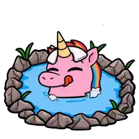 a pink unicorn with a rainbow on its head is swimming in a pool of water