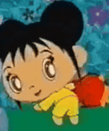 a close up of a cartoon character wearing yellow pants and a red shirt