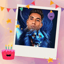 a picture of a man and a lion with a birthday cake in the foreground