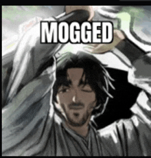 a cartoon of a man with a beard and the words mogged on his head .