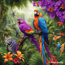 a painting of a tiger surrounded by colorful birds by magicstudio
