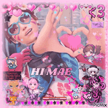 a girl making a heart with her hands and the name himae