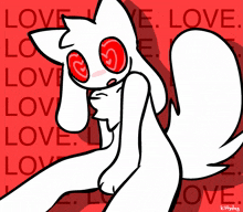 a drawing of a white animal with red eyes and the word love on the background