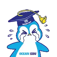 a penguin wearing a graduation cap with ocean edu written on it