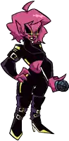 a cartoon character is holding a microphone and wearing a black and purple outfit .