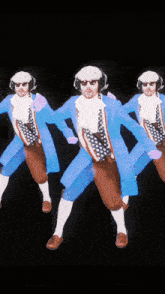 a group of men dressed in patriotic costumes are dancing in a line