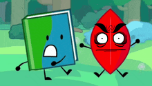 a green book and a red leaf are standing next to each other in a cartoon