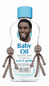 a bottle of baby oil has a picture of a man on the label