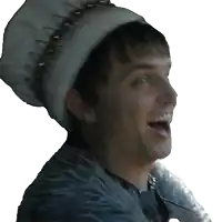 a man wearing a white hat is laughing