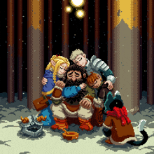 a pixel art drawing of a group of people hugging each other