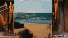 a small painting of a beach with the words made in animatica below it