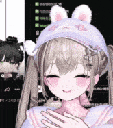 a close up of a girl wearing a hat with bunny ears on it