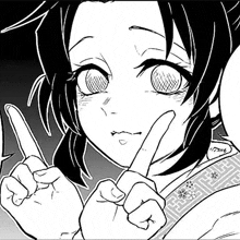 a black and white drawing of a girl making a peace sign with her finger .
