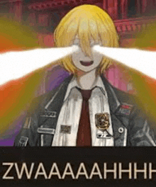 a cartoon of a man in a suit and tie with light coming out of his eyes and the words `` zwaaaahhh '' .