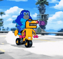 a blue gorilla is riding on the back of a robot