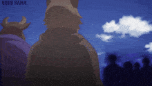 a group of people standing in front of a blue sky with ndds sama written in the corner