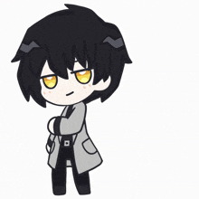 a cartoon character with black hair and yellow eyes points to a star