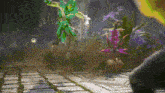 a person in a green costume is jumping in the air with flowers in the background
