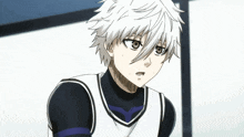 a cartoon character with white hair and black and purple stripes