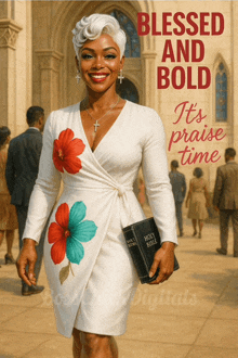 a woman in a white dress holding a holy bible with the words blessed and bold it 's praise time