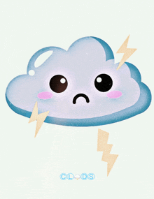 an illustration of a cloud with a sad face and lightning bolts says clouds on the bottom