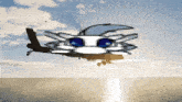 a pixel art of a helicopter with blue eyes flying over a body of water