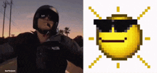 a man wearing a helmet is next to a pixel art of a sun