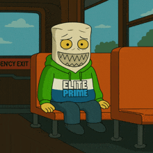 a cartoon character is sitting on a bus wearing an elite prime hoodie