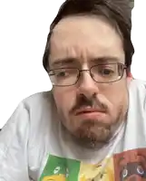 a man with glasses and a beard is wearing a t-shirt with a picture of a teddy bear on it
