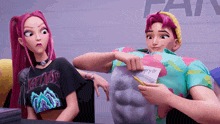 a girl with pink hair is wearing a shirt that says " gloss "