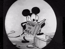 mickey mouse is reading a book titled how to kill myself .