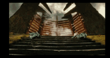 stairs leading up to a building with a smoke coming out of the top