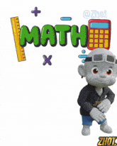 a cartoon character with a calculator and the word math behind him