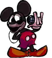 a pixel art drawing of mickey mouse holding a microphone and making a rock sign .