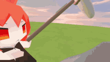 a cartoon character with red hair holding a stick