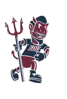 a devil holding a trident and wearing a shirt that says ' fdu ' on it