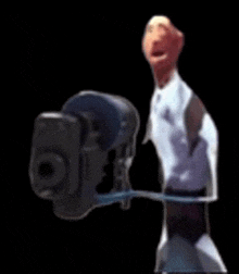 a cartoon character is holding a camera with a blue cord attached to it .