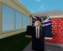 a man in a suit and tie with a blue rose in his hand