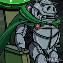 a cartoon of a pig wearing armor and a green cape with nikepig written below it