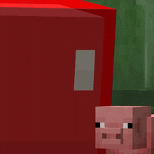 a minecraft pig is standing in front of a red cube